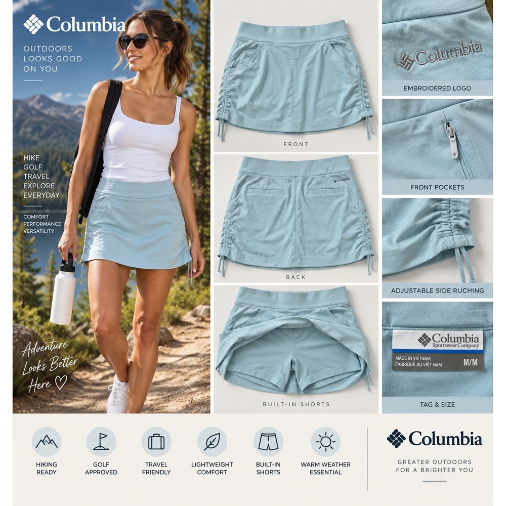 Columbia Women Blue Skort M Built In Shorts Ruched Drawstring Golf Hiking Active